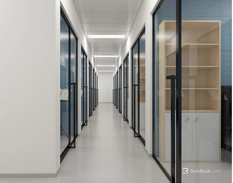 Elevator Hallway With Glass Doors White Walls Ceiling Lights And Wooden Cabinets 3d model 