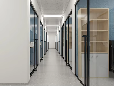 Elevator Hallway With Glass Doors White Walls Ceiling Lights And Wooden Cabinets 3d model