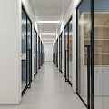 Elevator Hallway With Glass Doors White Walls Ceiling Lights And Wooden Cabinets