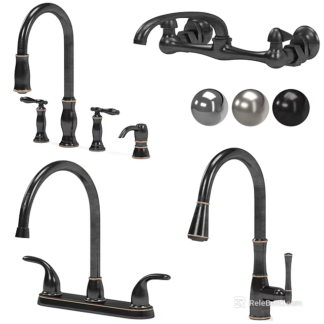 Modern Black Elegant Kitchen Faucets With Curved Spout And Decorative Handles Design 3d model 