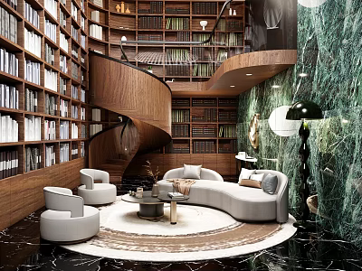 Duplex Living Room Interior With Large Bookshelves Spiral Staircase Curved Sofa And Marble Wall 3d model