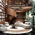 Duplex Living Room Interior With Large Bookshelves Spiral Staircase Curved Sofa And Marble Wall