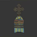 Decorative Cross Sculpture With Stacked Colored Wooden Planks And Intricate Carvings