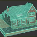 Red Brick Building Model With Green Roof Chimney Windows And Doors