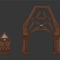 Wooden Architectural Truss Arch Frame With Intricate Detail And Small Cabinet