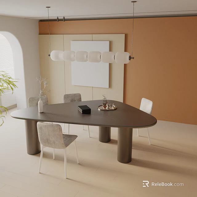 Modern Dining Table Set With Gray Chairs White Pendant Light And Orange Wall Decorative Painting 3d model 