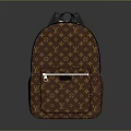Fashionable Backpack Brown With Yellow Monogram Pattern Black Straps And Front Zipper Pocket