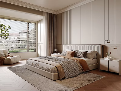 Modern Bedroom Interior With Upholstered Headboard Decorative Pillows Area Rug And Large Window 3d model