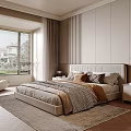 Modern Bedroom Interior With Upholstered Headboard Decorative Pillows Area Rug And Large Window