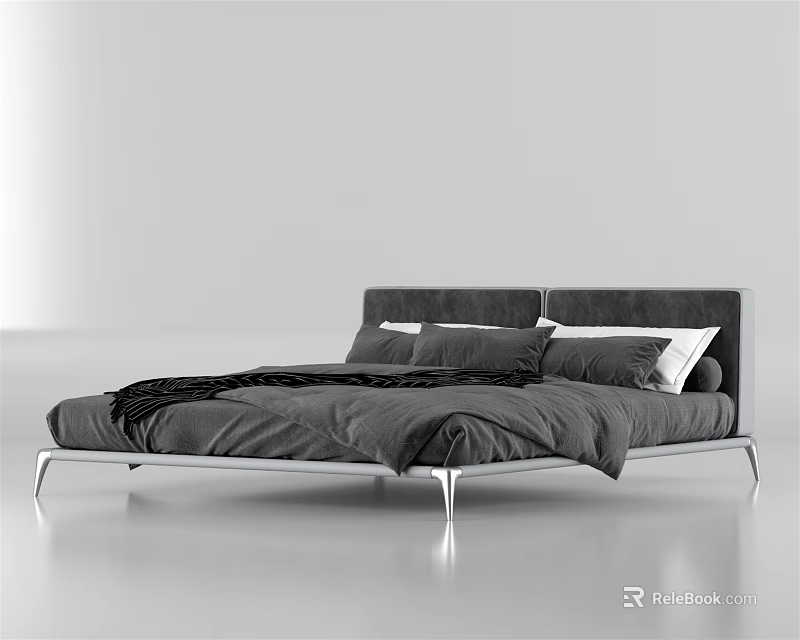 Modern Double Bed With Gray Headboard Metal Frame And Black Blanket Bedding 3d model 