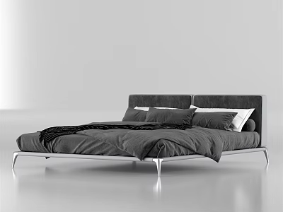 Modern Double Bed With Gray Headboard Metal Frame And Black Blanket Bedding 3d model