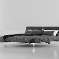 Modern Double Bed With Gray Headboard Metal Frame And Black Blanket Bedding
