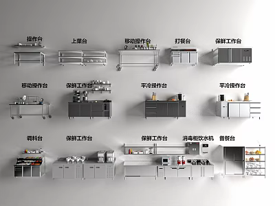 Essential Commercial Kitchen Equipment With Various Workbenches Storage Cabinets And Sterilizers 3d model