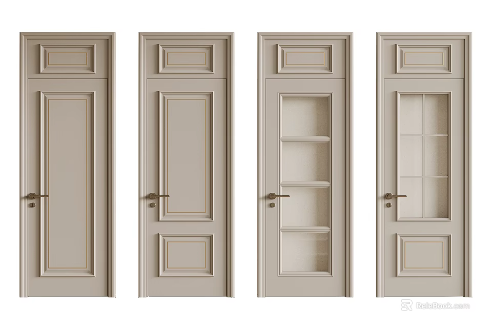 Light Colored Interior Hinged Doors With Various Panel Glass And Shelf Designs 3d model