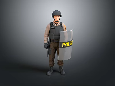 Police Officer In Tactical Gear Holding Riot Shield And Baton 3d model