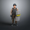 Police Officer In Tactical Gear Holding Riot Shield And Baton