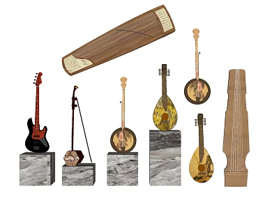 Various Musical Instruments And Art Supplies Displayed On Marble Pedestals 3d model