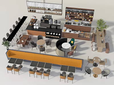 Cafe Interior Design With Bar Counter Tables Chairs Green Plants And Display Shelves 3d model
