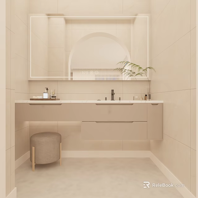 Minimalist Bathroom Interior With Beige Tiled Walls Vanity Sink Round Mirror Wooden Stool And Plant 3d model 