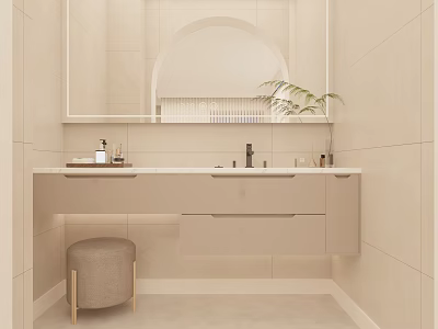 Minimalist Bathroom Interior With Beige Tiled Walls Vanity Sink Round Mirror Wooden Stool And Plant 3d model