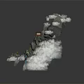 Traditional Thatched Roof Houses Amid Mountain Waterfall Clouds and Lush Green Vegetation