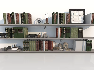 Decorative Ornament Set on Multi Shelf Bookshelf with Various Books and Art Decor 3d model