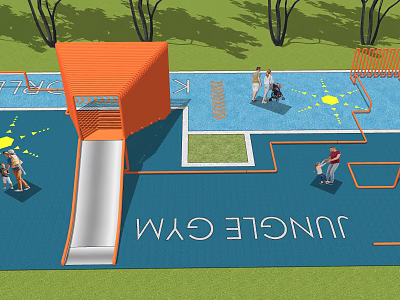 Garden Landscape Featuring Outdoor Jungle Gym With Orange Structure Slide Blue Ground And Green Lawn 3d model