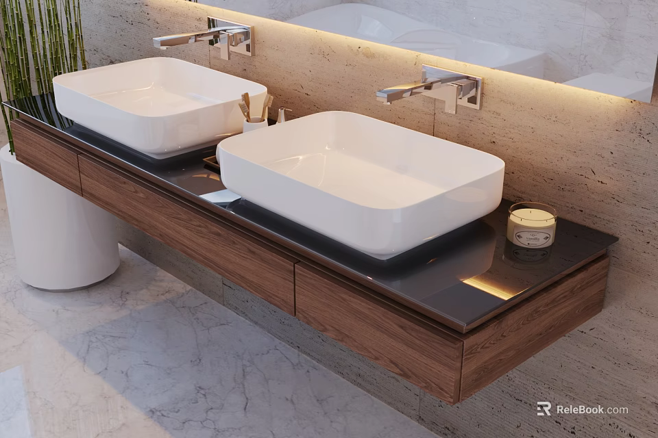 Contemporary Double White Washbasin Vanity With Wooden Countertop Chrome Faucets Stone Backsplash And LED Lighting 3d model 