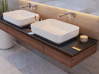 Contemporary Double White Washbasin Vanity With Wooden Countertop Chrome Faucets Stone Backsplash And LED Lighting 3d model