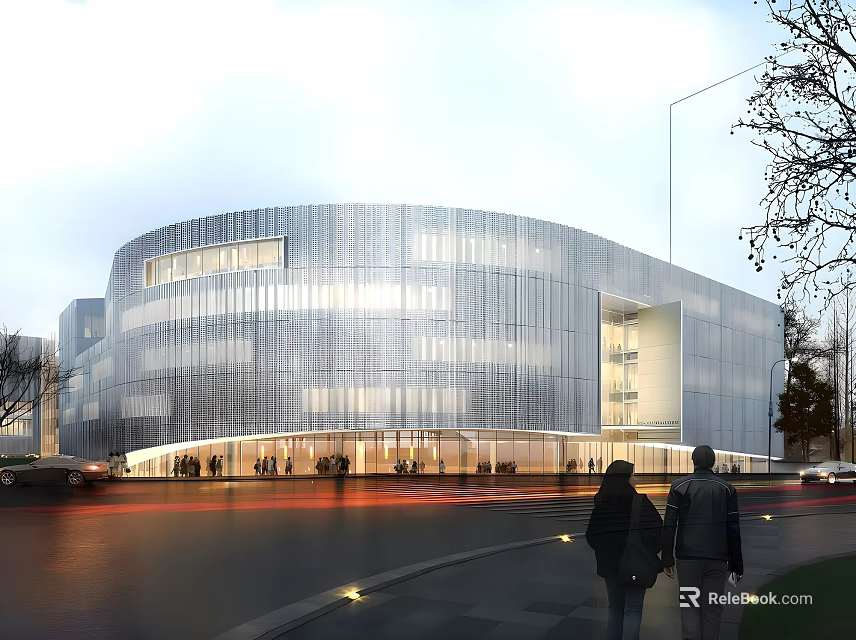 Modern Museum Building With Curved Exterior Design Glass Facade Lighting Effects And Surrounding Pedestrians Trees 3d model 