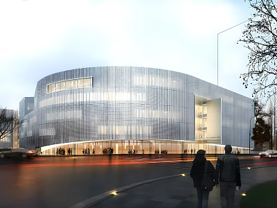 Modern Museum Building With Curved Exterior Design Glass Facade Lighting Effects And Surrounding Pedestrians Trees 3d model