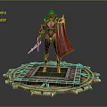 Female Game Movie Character In Black Red Outfit With Gold Accents Sword On Circular Ornate Platform
