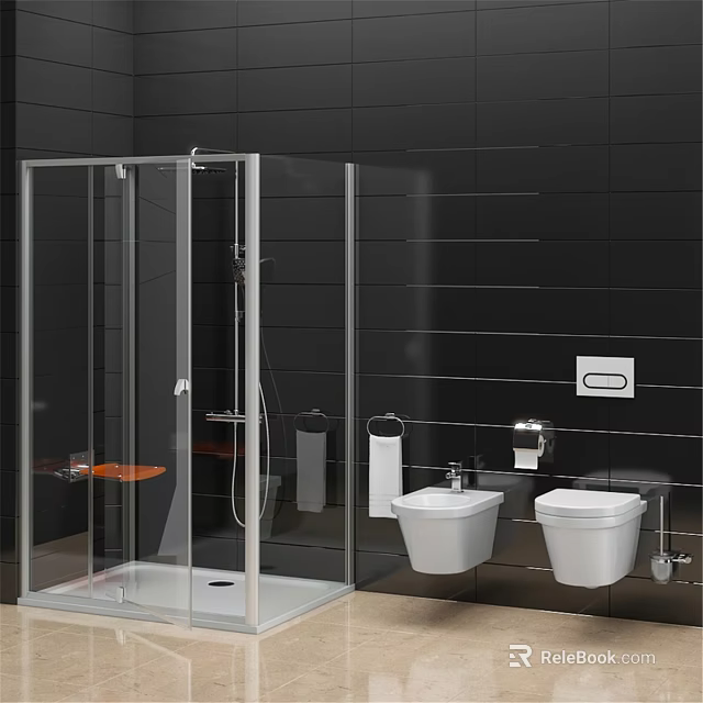Shower Sauna Bathroom With Transparent Glass Enclosure Black Tiled Walls And Wall Mounted Toilets 3d model 