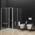 Shower Sauna Bathroom With Transparent Glass Enclosure Black Tiled Walls And Wall Mounted Toilets