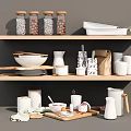 Organized White Kitchenware With Storage Jars Bowls And Mugs On Shelves