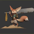 Fox Game Character Crouching Holding Large Axe Wearing Green Top Red Scarf And Yellow Cape