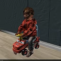Boy in Orange Jacket Sitting on Yellow Toy Car Against Gray Wall and Light Floor