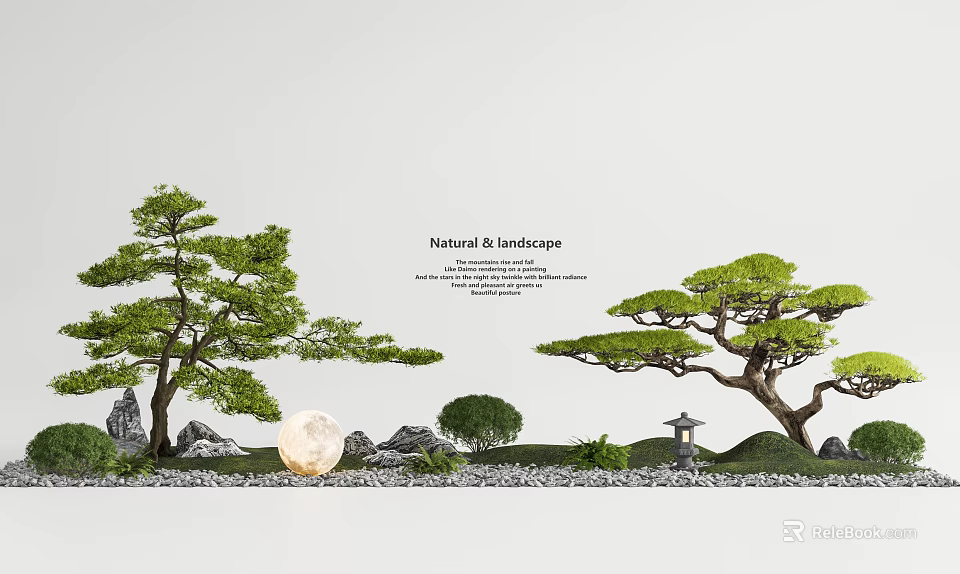 Serene Natural Garden Landscape With Pine Trees Moon Rocks And Pagoda 3d model 