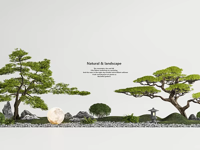 Serene Natural Garden Landscape With Pine Trees Moon Rocks And Pagoda 3d model