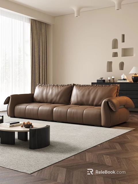 Modern Brown Leather Sofa and Coffee Table Set With Rug Curtains and Wall Decorations 3d model 