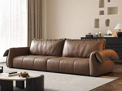 Modern Brown Leather Sofa and Coffee Table Set With Rug Curtains and Wall Decorations 3d model