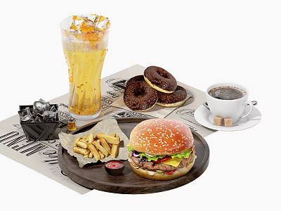 Tasty Burger With Fries Donuts Fresh Orange Drink Ice Cubes And Coffee On Wooden Plate 3d model