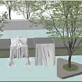 Outdoor Ceiling Drapery Setup In Garden Near Pool And Trees