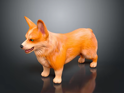 3D Rendered Orange Corgi Dog With Green Eyes On Dark Shiny Surface 3d model