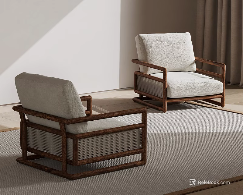 Light Luxury Modern Living Room Chairs With Wooden Frame And Rattan Details 3d model 
