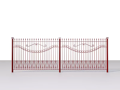 Red Wrought Iron Fence Gate With Wavy And Geometric Patterns Double Door Design 3d model