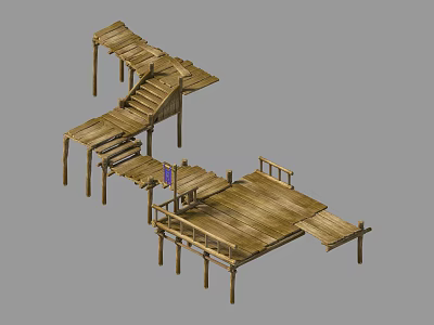 Outdoor Wooden Elevated Walkway Structure With Multiple Platforms Staircases And Railings 3d model