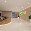 Stylish Hotel Lobby Interior With Blue Reception Desk And Hanging Chandeliers