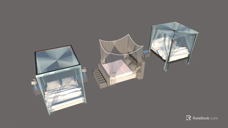 Modern Double Beds with Canopy Glass Frame and Different Bedroom Design Styles 3d model 