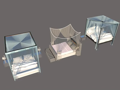 Modern Double Beds with Canopy Glass Frame and Different Bedroom Design Styles 3d model